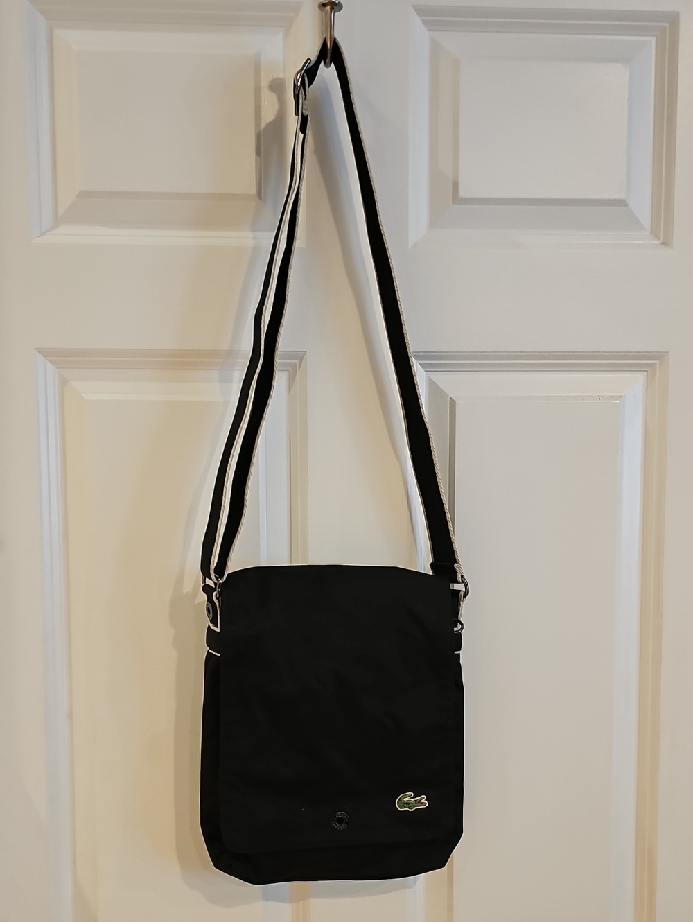 Lacoste Black Crossbody Bag / Purse with Striped  Strap Magnetic Snap Close